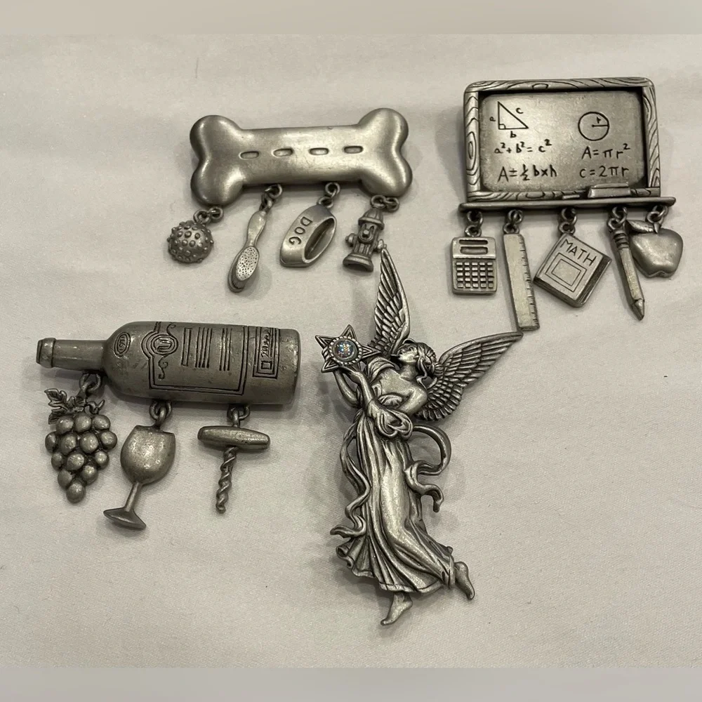 Lot of 4 Vintage JJ Jonette Pewter Pins Angel, Wine Bottle, Dog Bone, Math Board